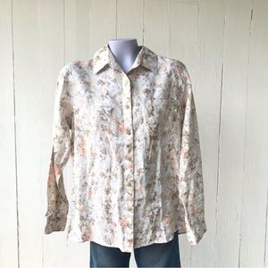 L.L.Bean 100% Linen Neutral Floral Button Front Long Sleeve Shirt Large Pocket